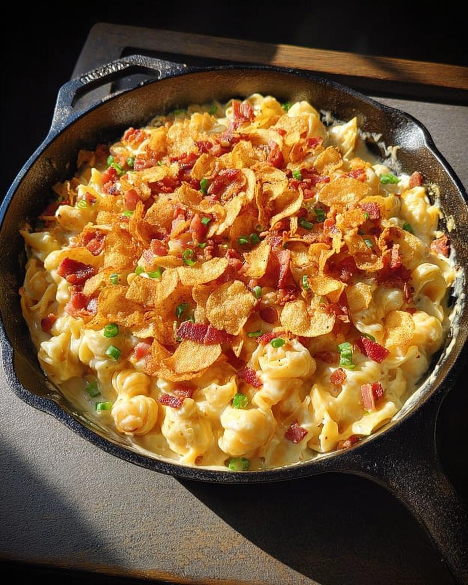A delicious one-pan dinner idea: creamy macaroni and cheese topped with crispy bacon and potato chips in a cast iron skillet.