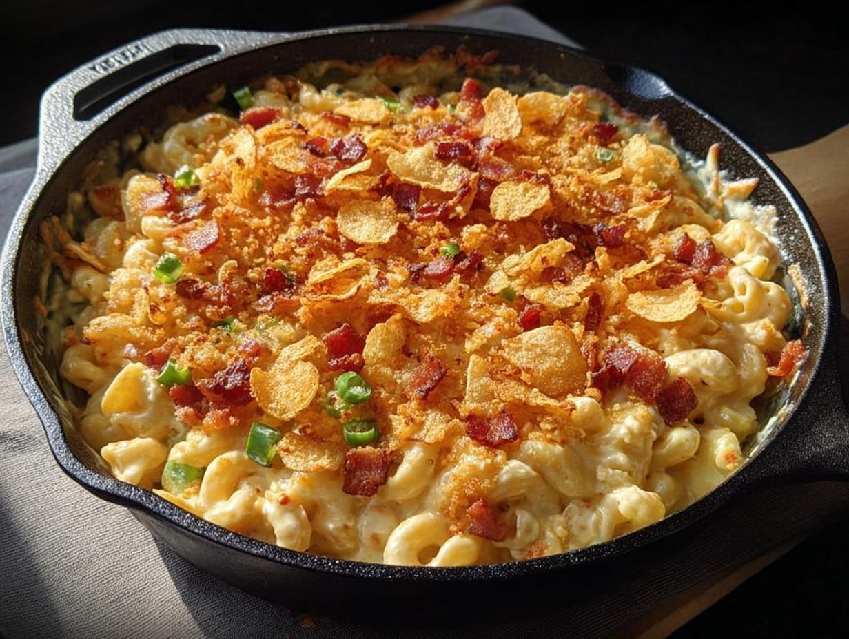 A close-up of a cast-iron skillet filled with creamy mac and cheese, topped with crispy bacon, fried onions, and green onions. This is one of the best one-pan dinner ideas.