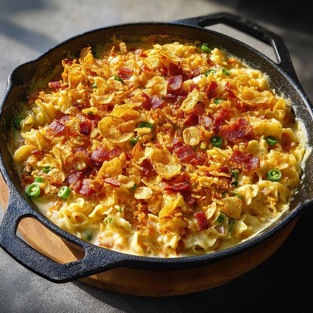 A creamy pasta bake with bacon and crispy topping in a cast-iron skillet, perfect for one-pan dinner ideas.