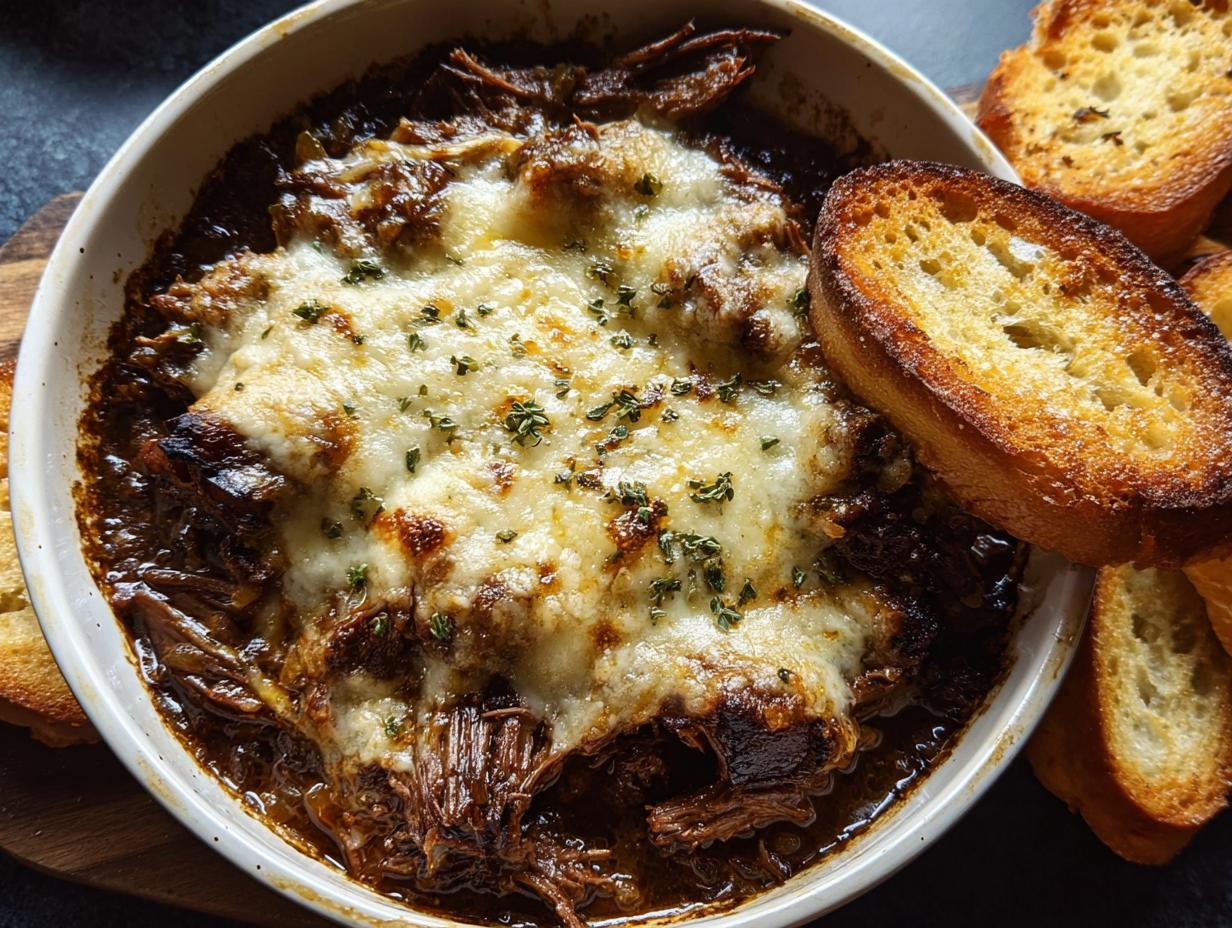 A close-up of a cheesy braised beef one-pan dinner recipe, served with toasted bread.