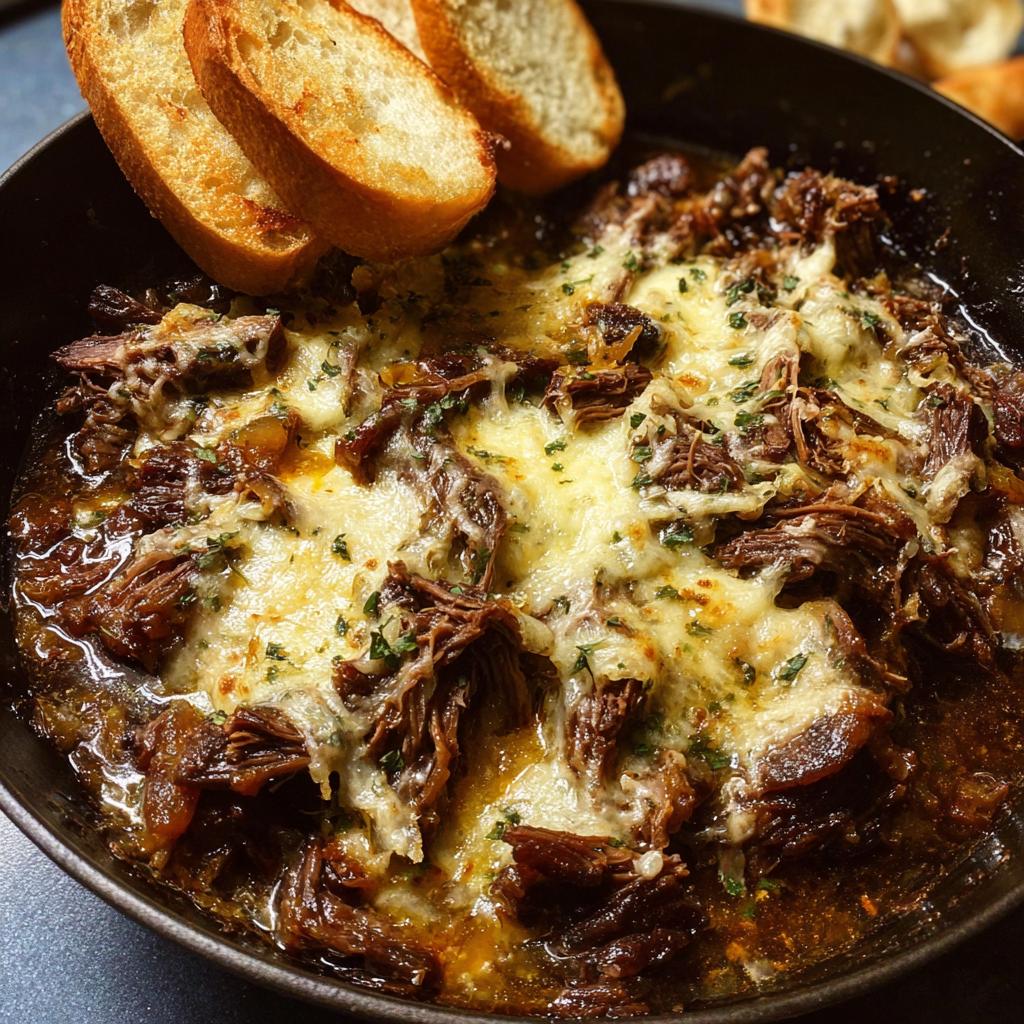 Close-up of a hearty one-pan dinner recipe featuring shredded beef topped with melted cheese and herbs, served with toasted bread.