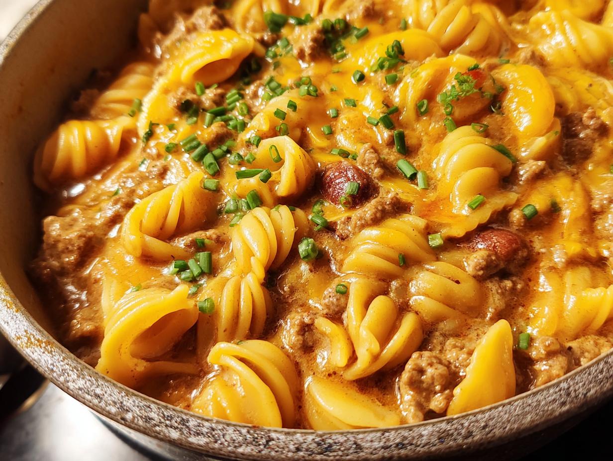 Close-up of a hearty one-pan easy dinner recipe featuring cheesy pasta with ground beef and chives.