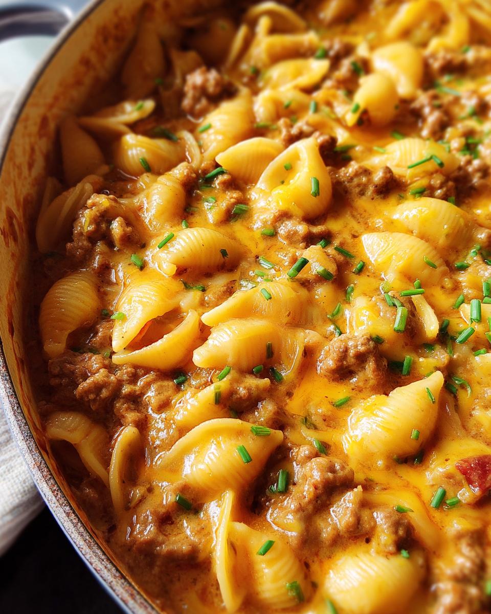 Close-up of a one-pan easy dinner recipe featuring shell pasta, seasoned ground beef, and melted cheddar cheese, garnished with chives.