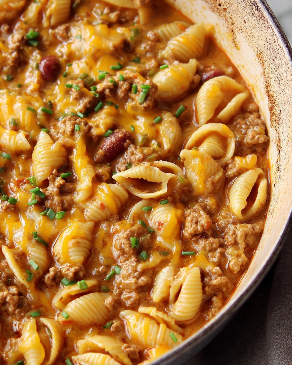 Close-up of a one-pan easy dinner recipe featuring pasta shells, ground beef, beans, and melted cheese, garnished with chives.