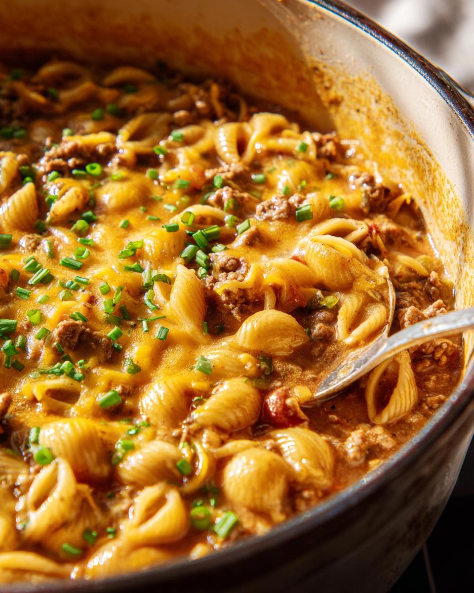 Close-up of a one-pan easy dinner recipe featuring pasta shells, ground beef, and melted cheese, garnished with chives.