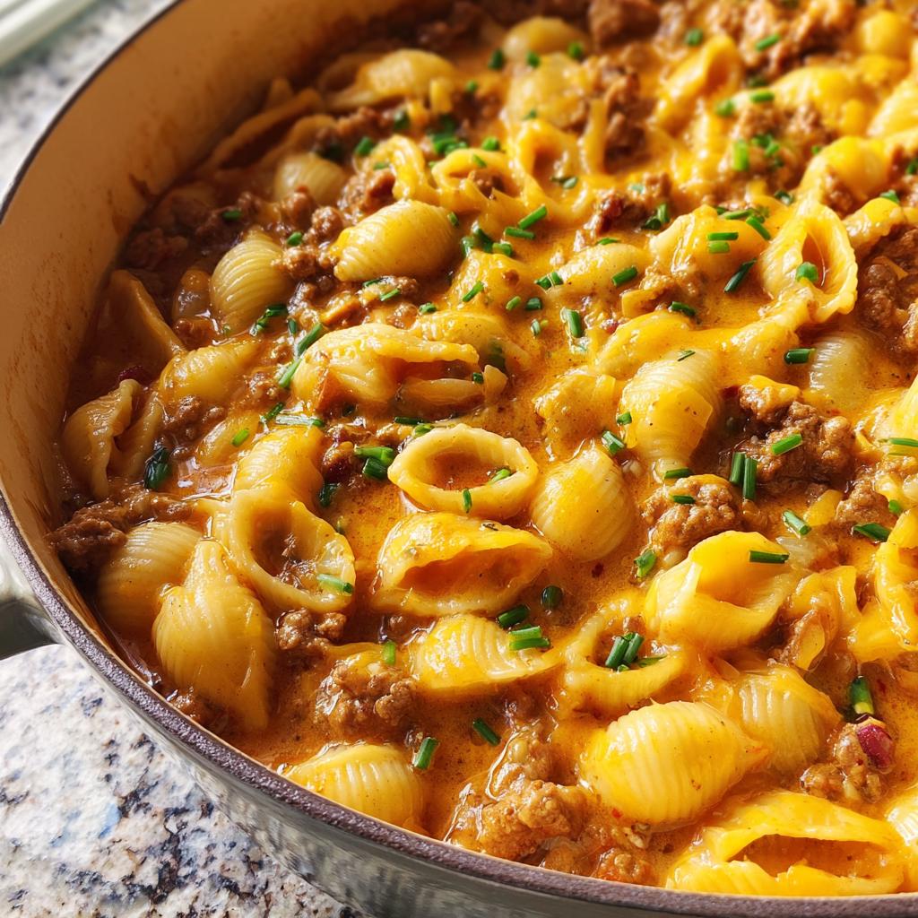 Close-up of a creamy pasta and ground beef dish in a pan, a perfect one-pan easy dinner recipe.