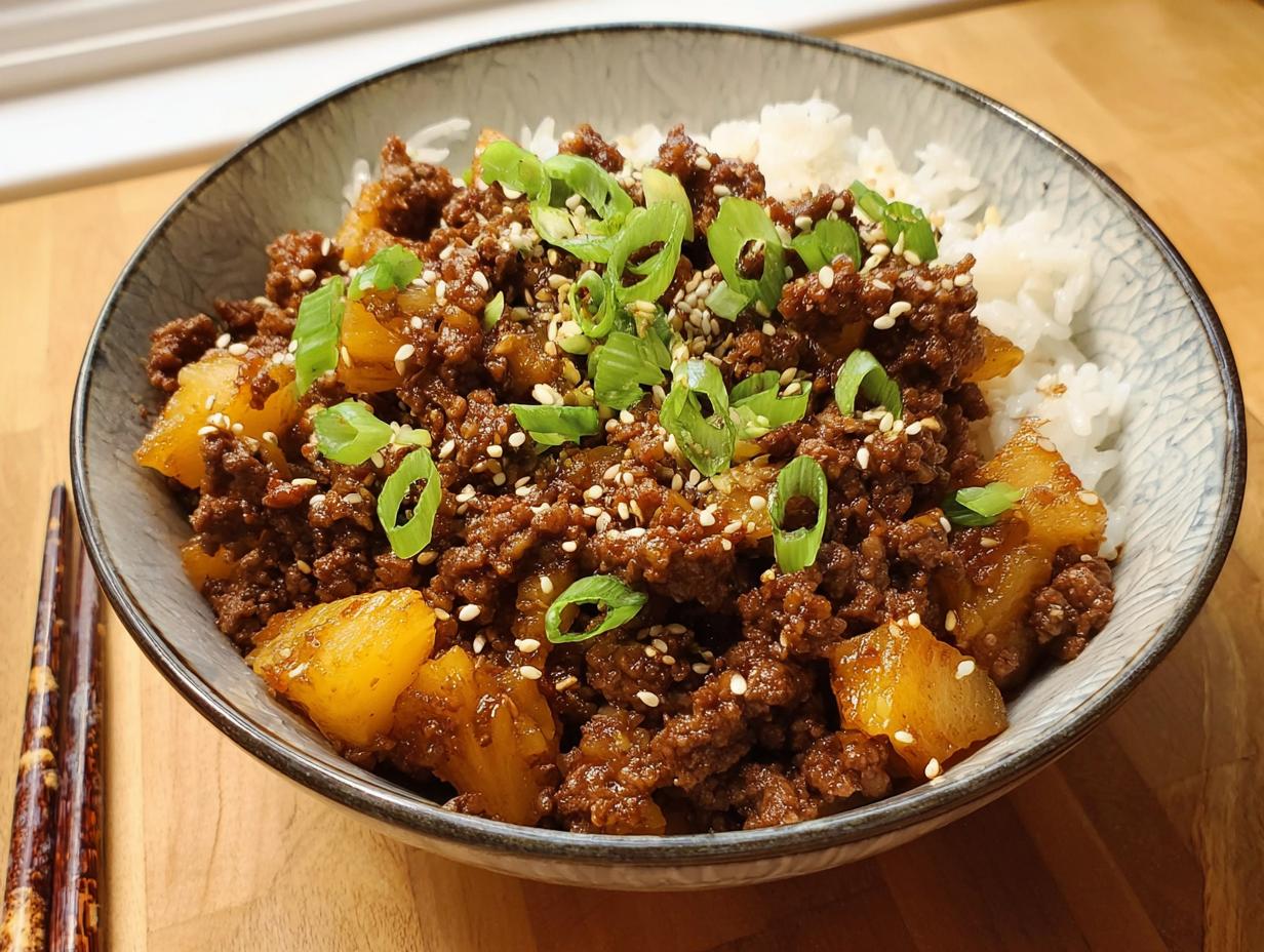 A close-up of a bowl filled with white rice, topped with savory ground beef and pineapple chunks, garnished with green onions and sesame seeds. This is one of the one-pan ground beef recipes.