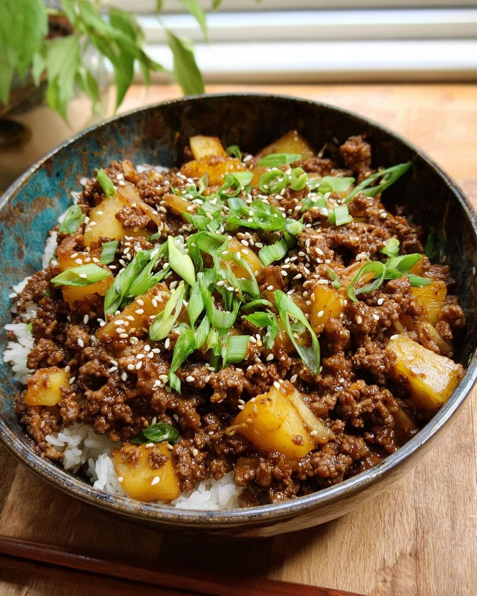 A close-up of a bowl filled with white rice, topped with savory one-pan ground beef and pineapple mixture, garnished with green onions and sesame seeds.