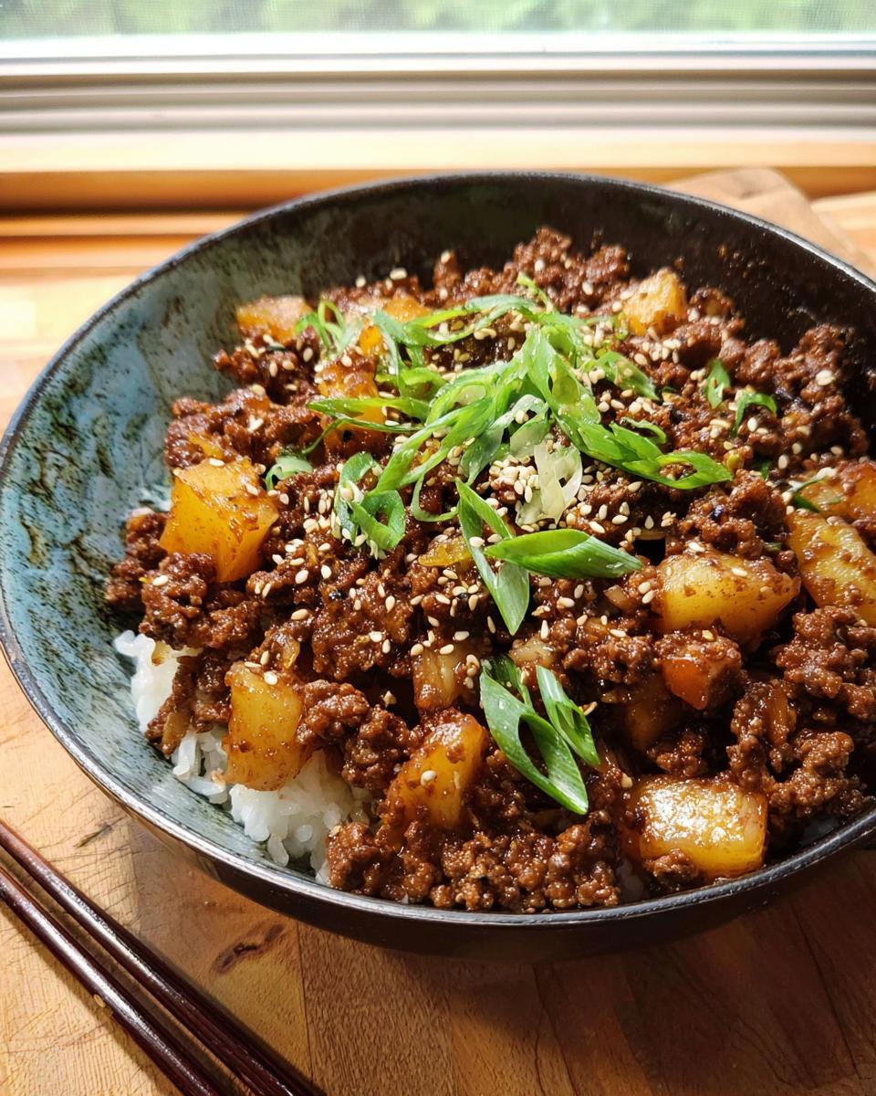 A close-up of a bowl filled with white rice, topped with savory one-pan ground beef and potato mixture, garnished with sesame seeds and chopped green onions.