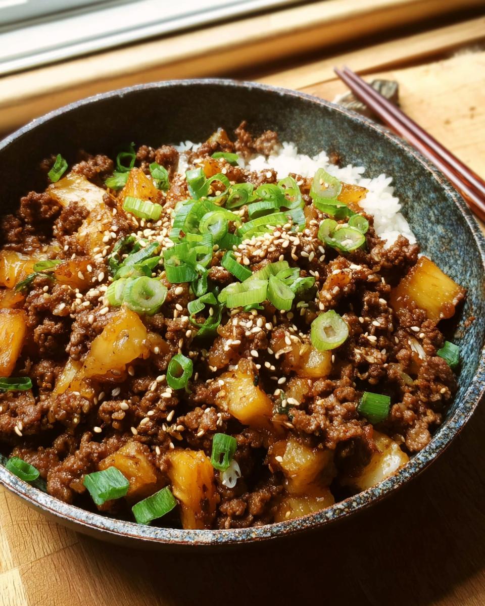 A close-up of a one-pan ground beef recipe bowl with rice, seasoned ground beef, potatoes, green onions, and sesame seeds.
