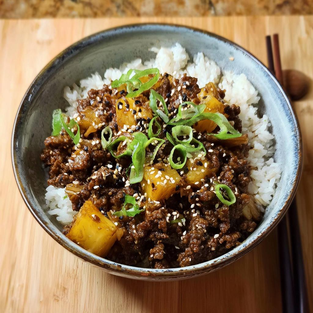 A delicious bowl of one-pan ground beef recipe served over white rice, topped with pineapple chunks, green onions, and sesame seeds.