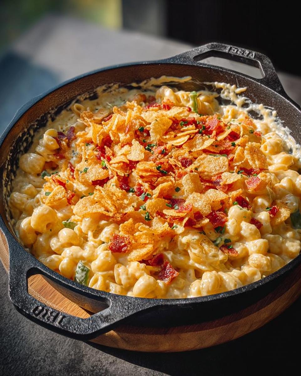 Close-up of creamy mac and cheese in a cast-iron skillet, topped with crispy bacon and potato chips. A perfect one-pan dinner.