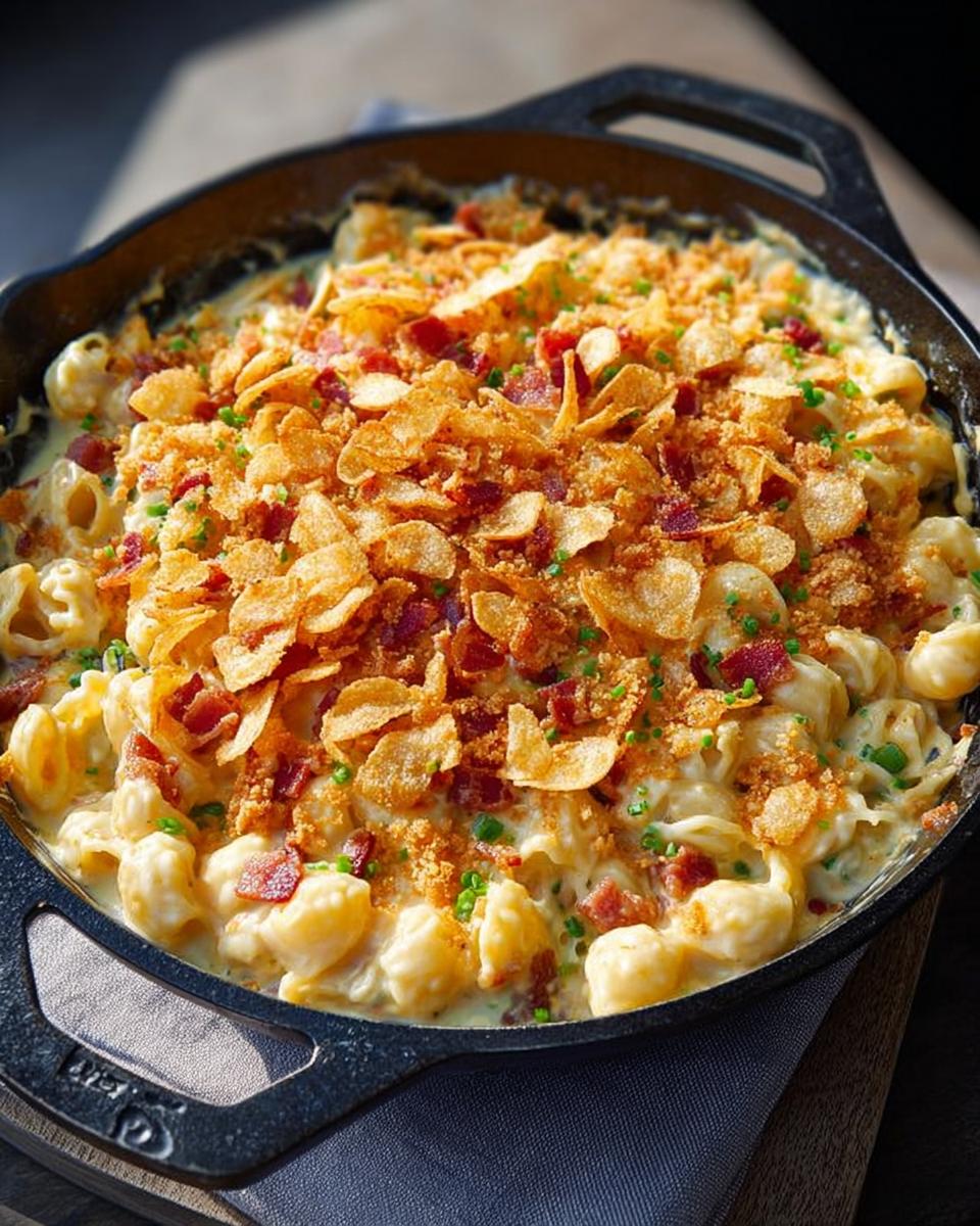 Close-up of creamy mac and cheese in a cast-iron skillet, topped with crispy bacon, breadcrumbs, and fried onions.