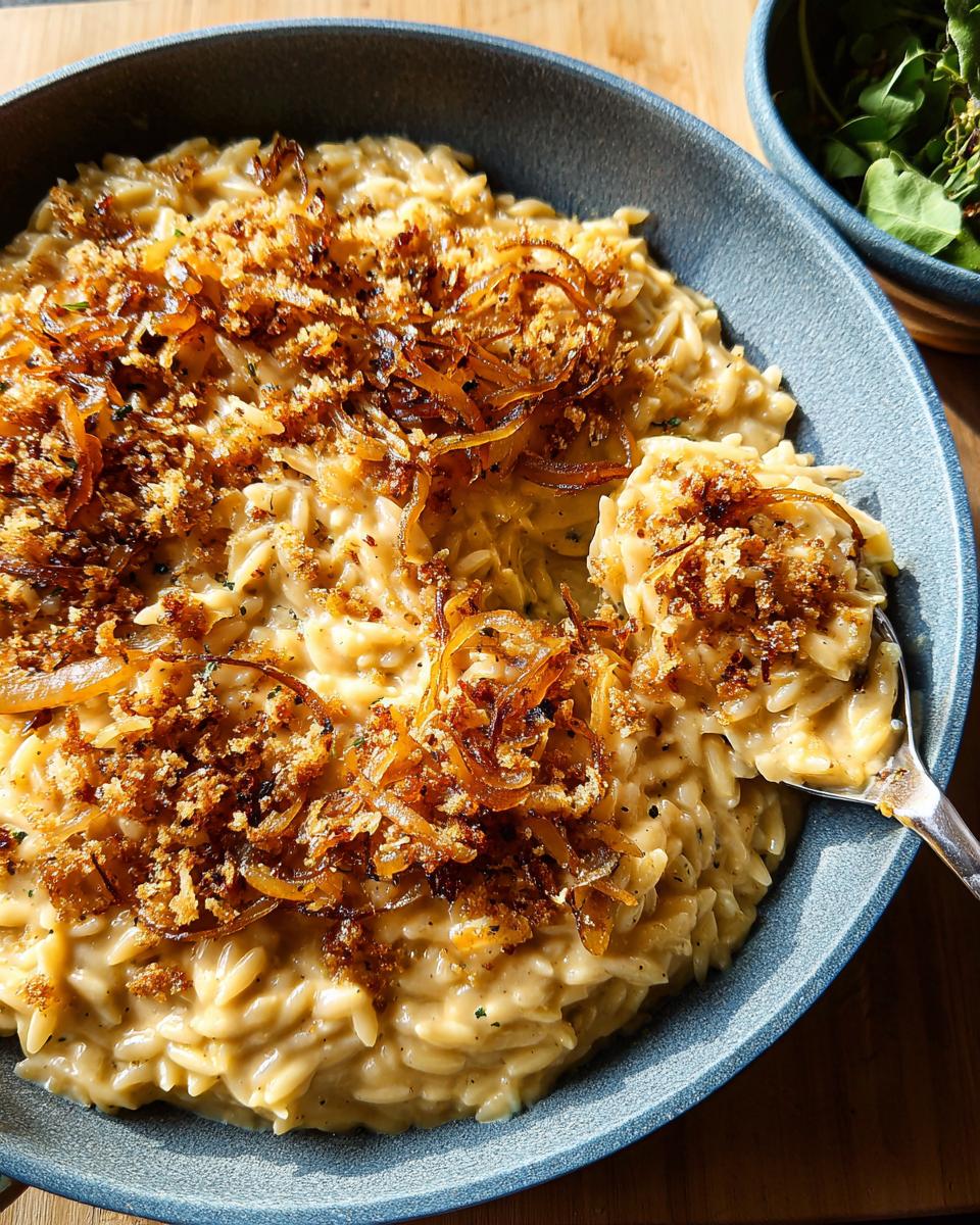 Close-up of creamy one-pan pasta recipe topped with crispy fried onions and breadcrumbs.