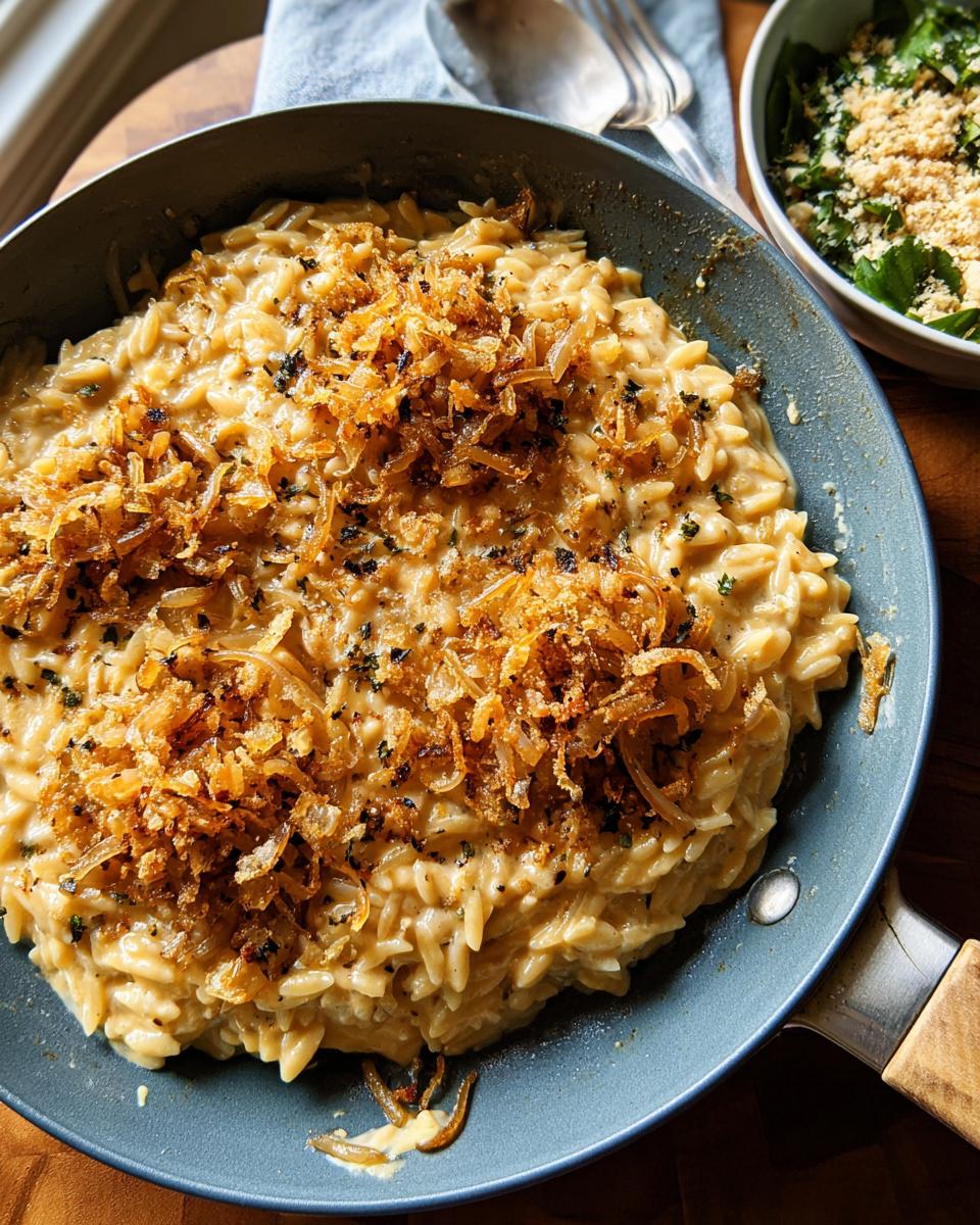 Close-up of creamy one-pan pasta with orzo, topped with crispy fried onions and herbs.