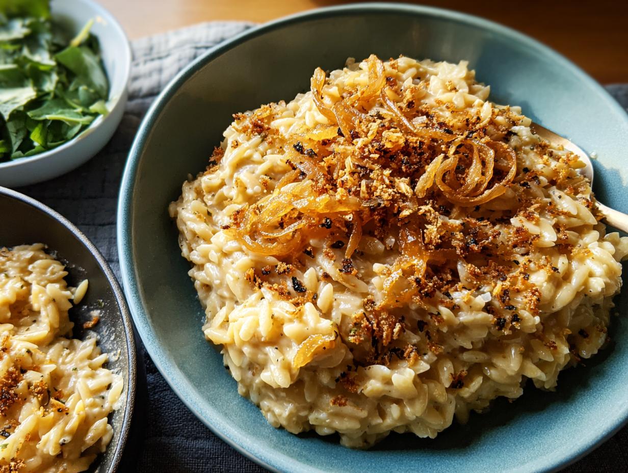A close-up of a bowl of creamy one-pan pasta topped with crispy fried onions and breadcrumbs.