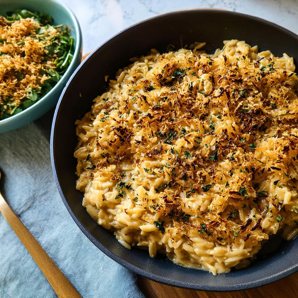 Close-up of a creamy one-pan pasta dish topped with crispy breadcrumbs and parsley, served in a dark bowl.