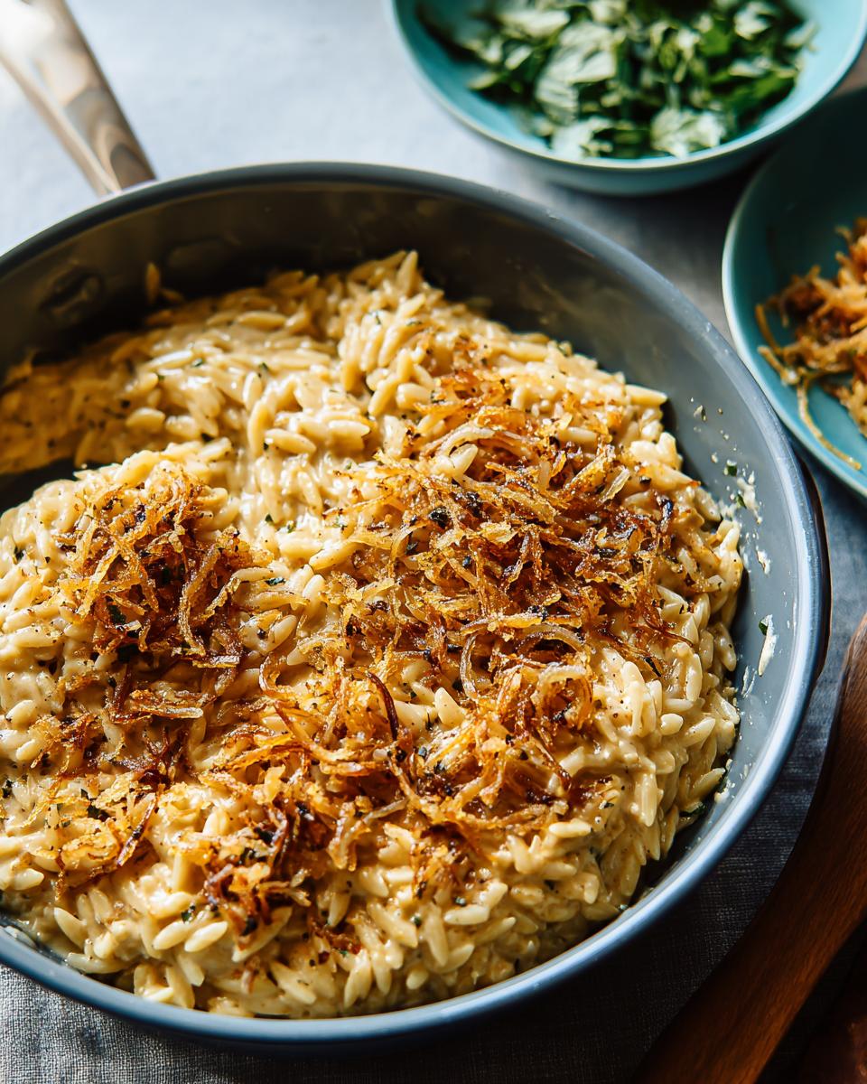 Close-up of a creamy one-pan pasta recipe topped with crispy fried onions in a skillet.
