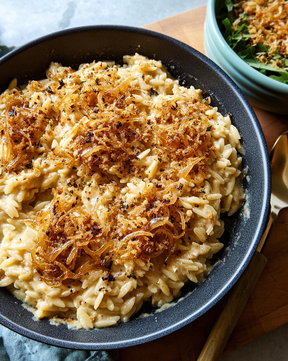 Close-up of a bowl of creamy orzo pasta topped with crispy fried onions and herbs, a perfect example of one-pan pasta recipes.