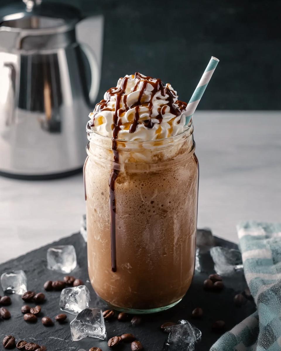 A delicious one-pan Starbucks drink in a mason jar, topped with whipped cream and chocolate drizzle, surrounded by ice and coffee beans.
