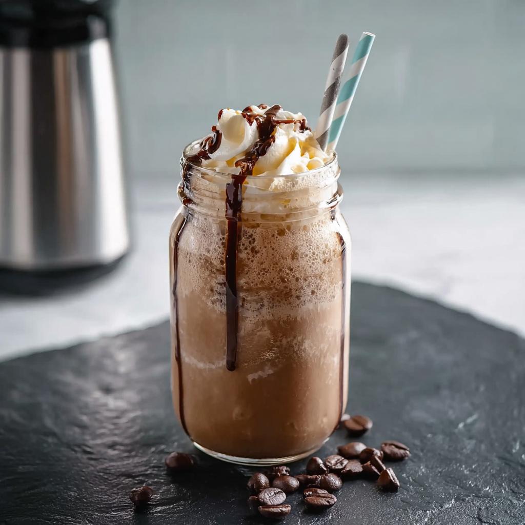 A delicious One-Pan Starbucks Frappuccino drink in a mason jar, topped with whipped cream and chocolate drizzle.