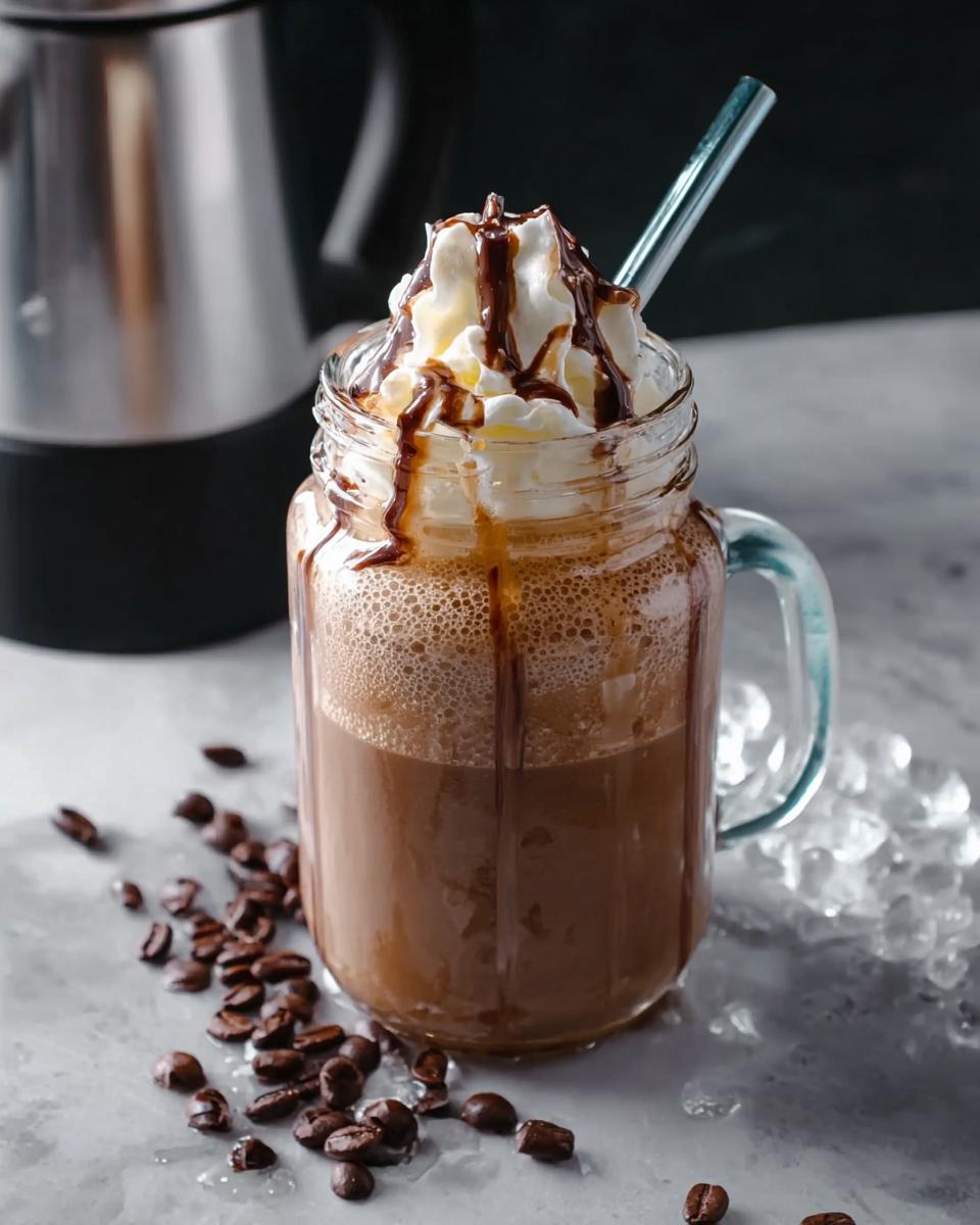A delicious One-Pan Starbucks Mocha Frappuccino in a mason jar, topped with whipped cream and chocolate syrup, with coffee beans and ice.