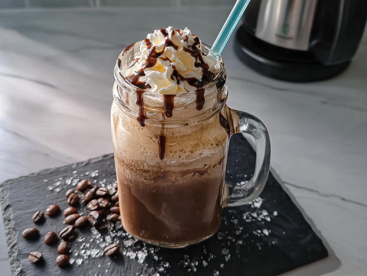 A delicious one-pan Starbucks mocha frappuccino in a mason jar, topped with whipped cream and chocolate drizzle.