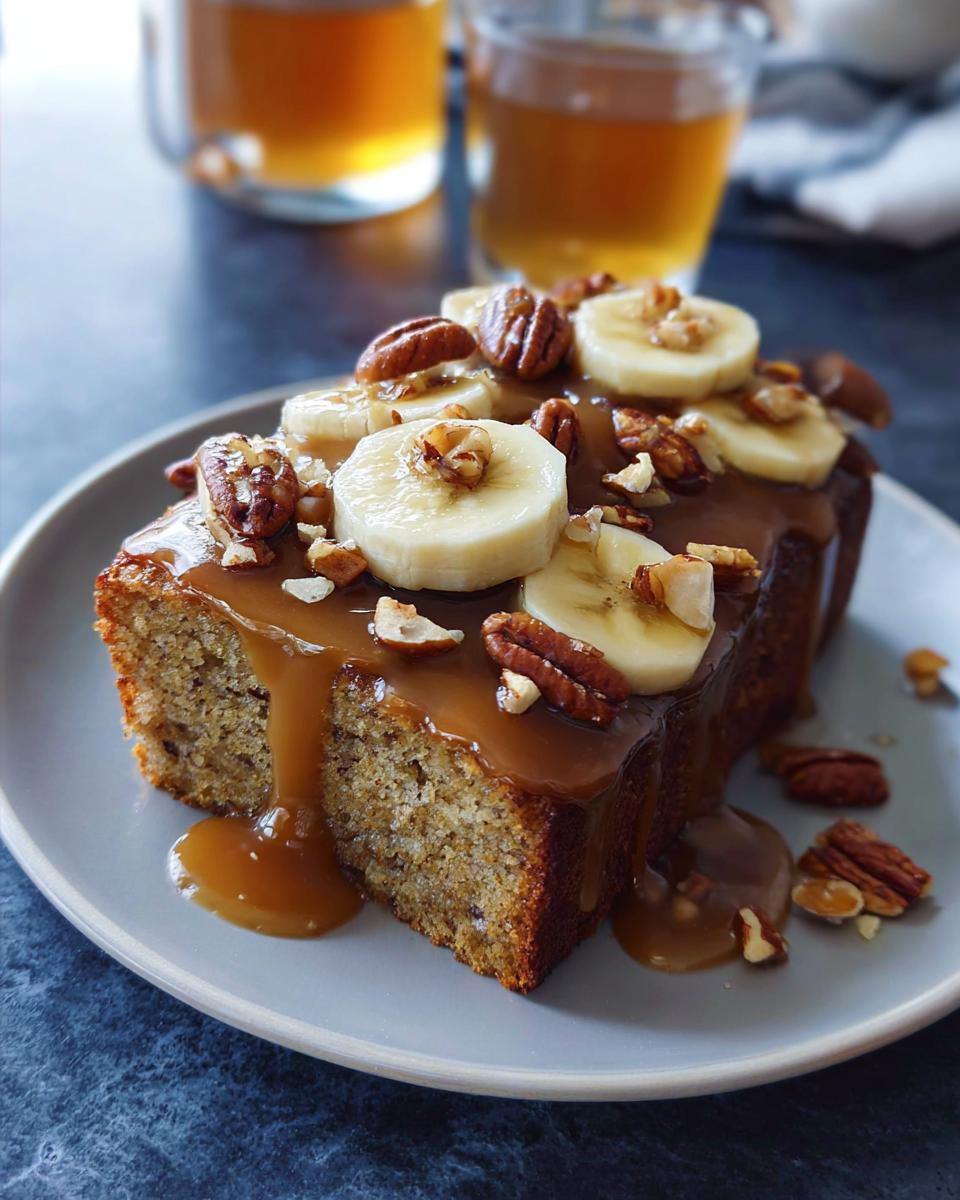 A slice of moist banana bread topped with caramel sauce, banana slices, and pecans, perfect for One-Pan Thanksgiving Desserts.