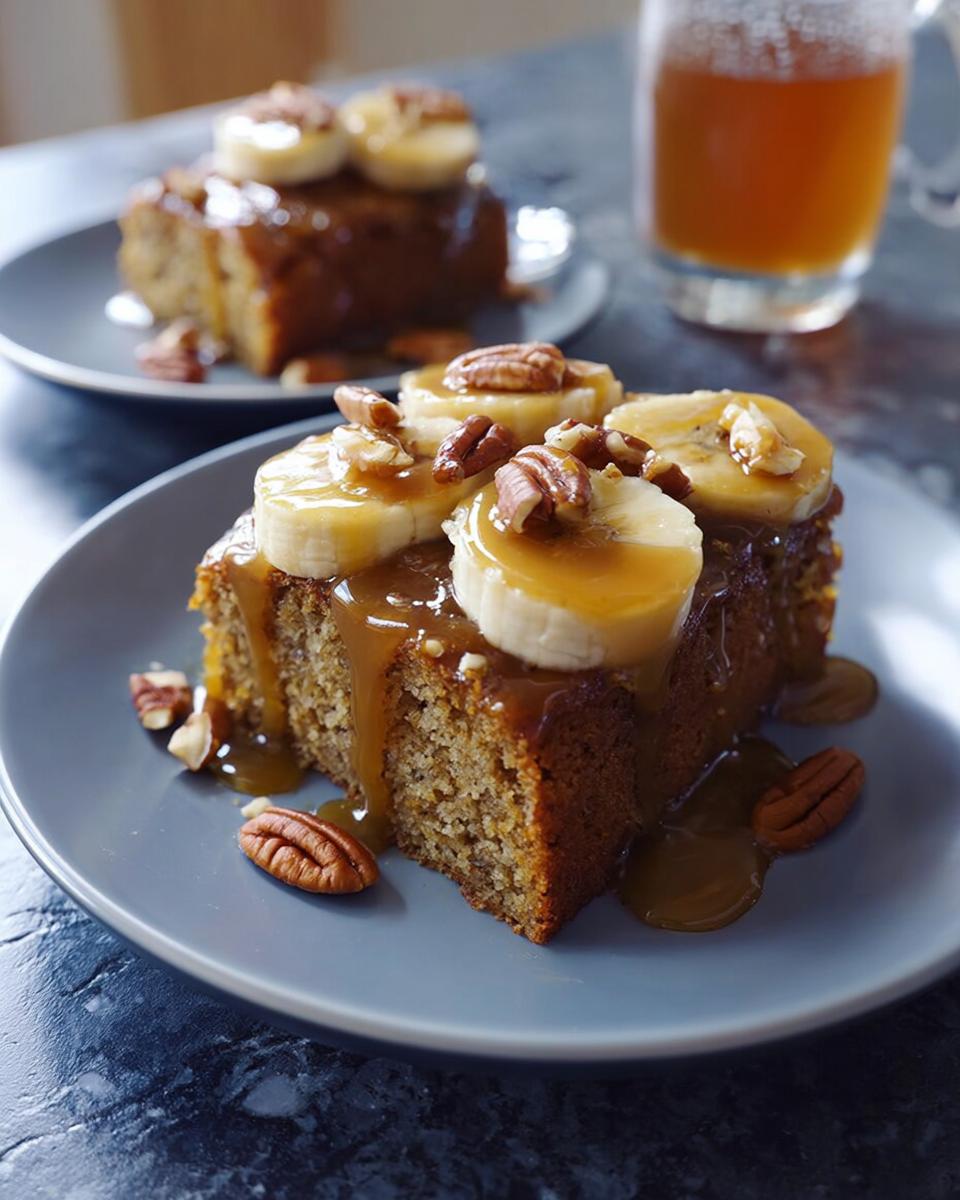 A slice of moist banana cake topped with caramel sauce, fresh banana slices, and pecans, part of One-Pan Thanksgiving Desserts.