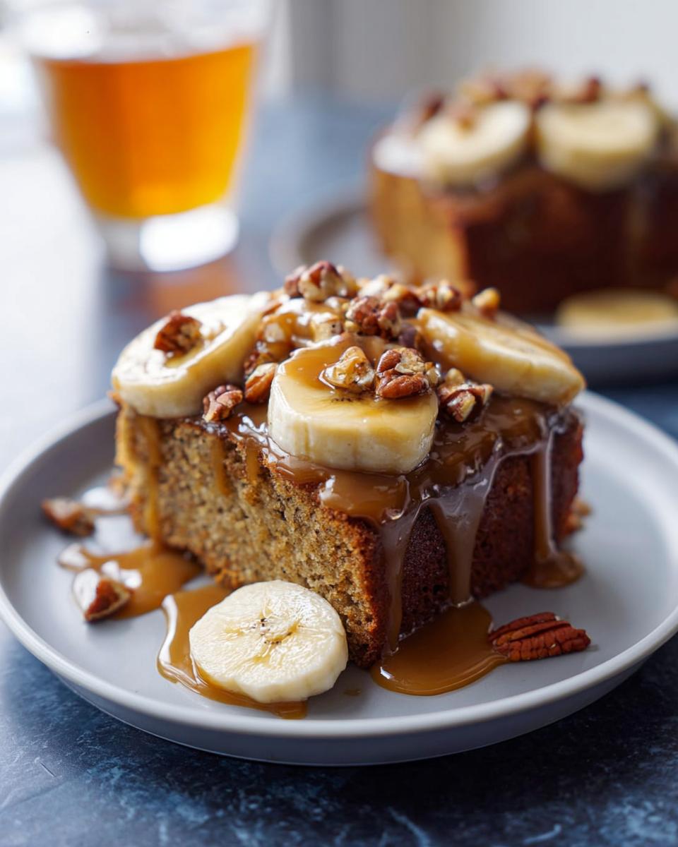 A slice of One-Pan Thanksgiving banana cake topped with caramel sauce, pecans, and banana slices.