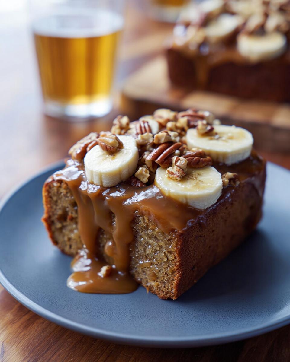 A slice of moist banana bread loaf, topped with caramel sauce, banana slices, and chopped nuts, part of One-Pan Thanksgiving Desserts.