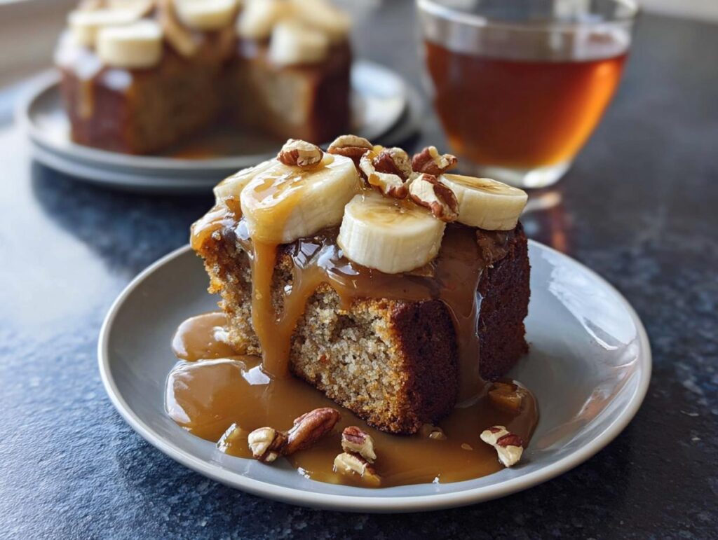 A slice of moist banana cake topped with caramel sauce, sliced bananas, and pecans. A perfect one-pan Thanksgiving dessert.