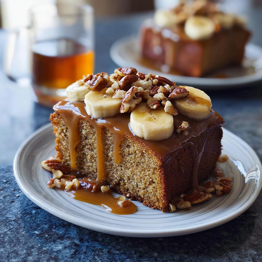 A slice of moist banana nut cake topped with caramel sauce, banana slices, and chopped pecans, part of One-Pan Thanksgiving Desserts.