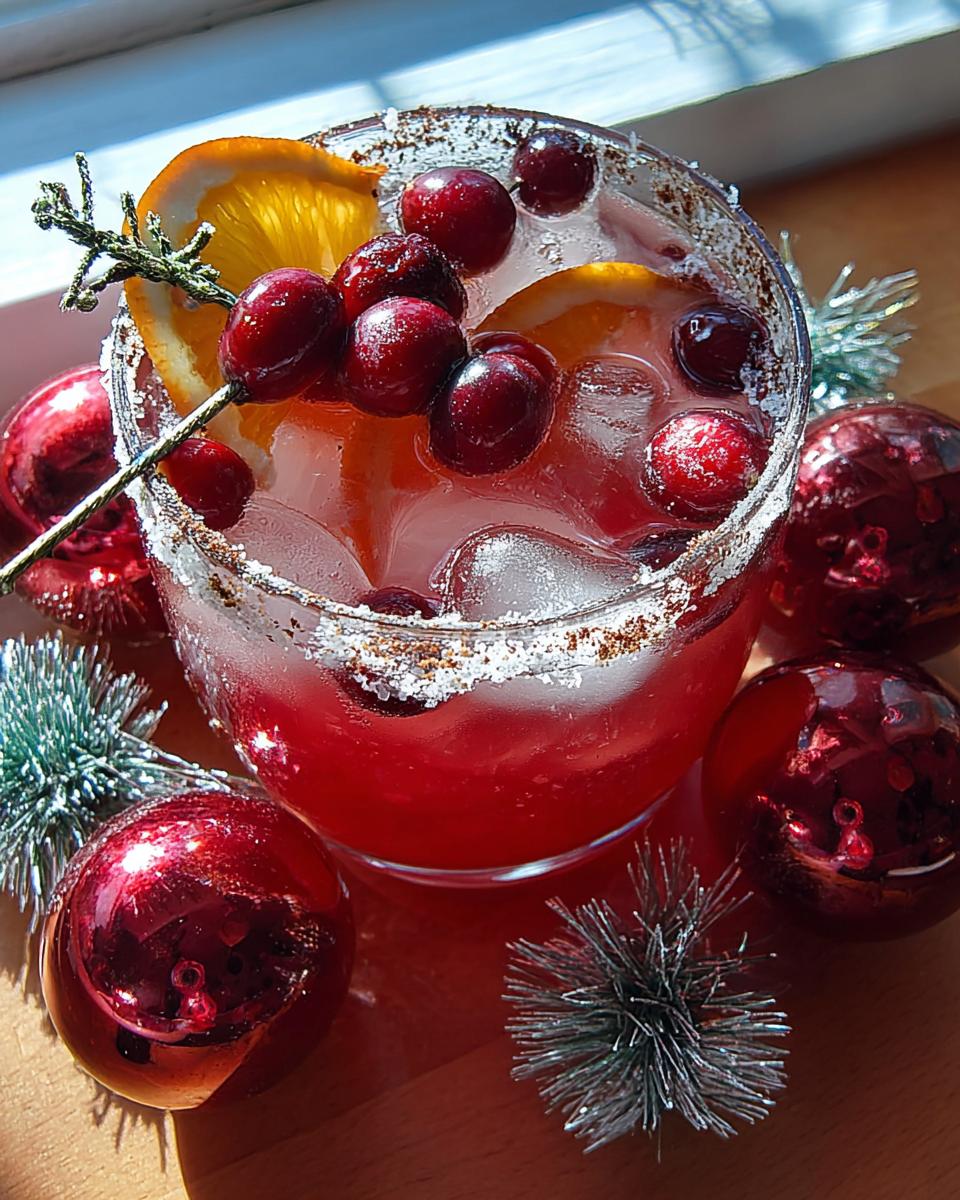 A vibrant red one-pan Thanksgiving drink garnished with fresh cranberries, orange slices, and a sugar rim.