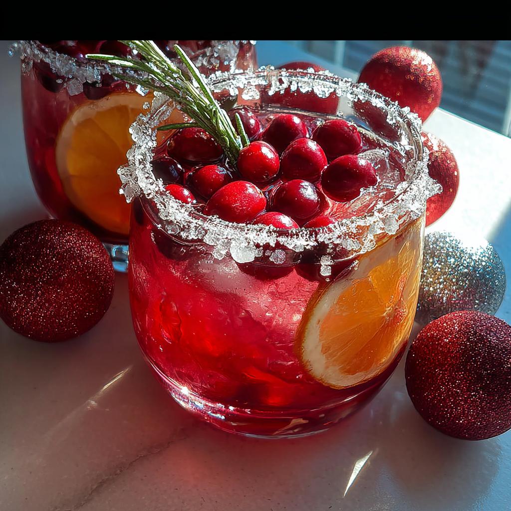 A festive one-pan Thanksgiving drink garnished with cranberries, orange slice, rosemary, and a sugared rim.