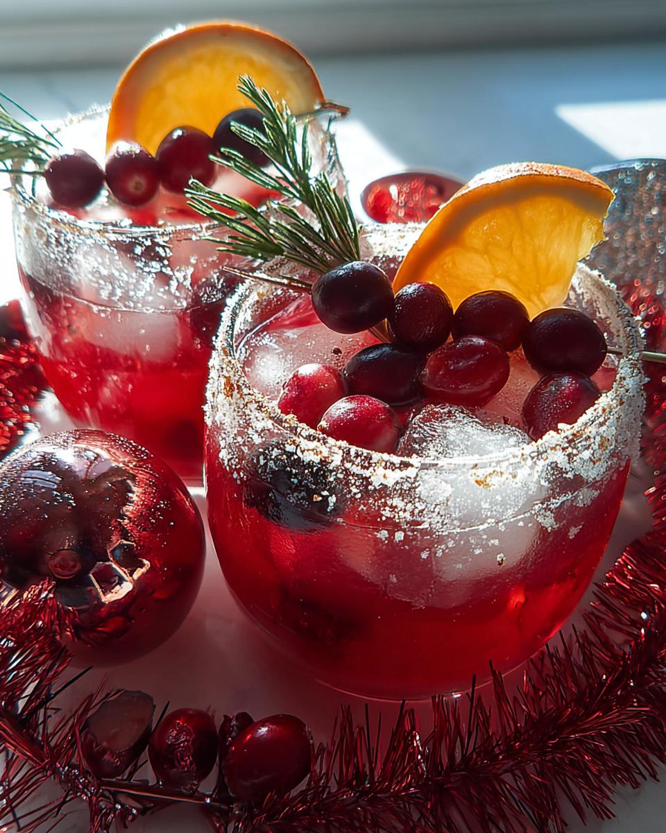 Two festive one-pan Thanksgiving drinks garnished with cranberries, orange slices, and rosemary, with a sugared rim.