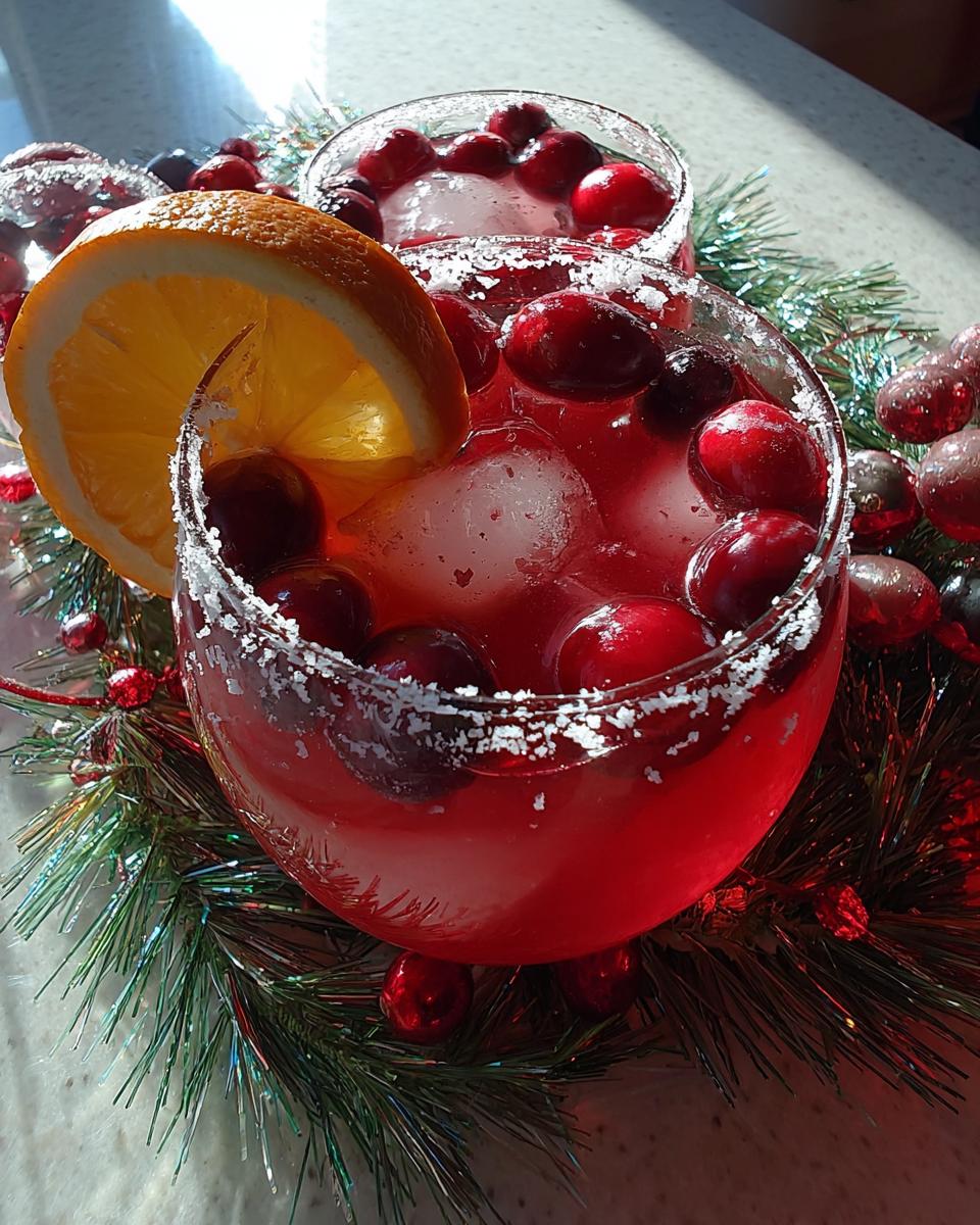 Two glasses of festive one-pan Thanksgiving drinks, garnished with orange slices and cranberries, surrounded by holiday decor.
