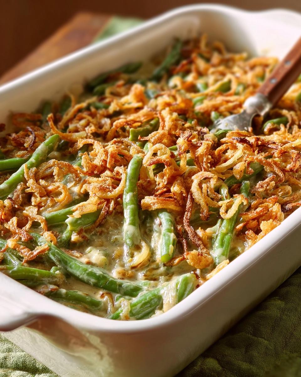 A close-up of a white baking dish filled with creamy One-Pan Thanksgiving Green Beans topped with crispy fried onions.