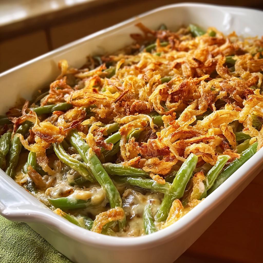 A close-up of a white baking dish filled with One-Pan Thanksgiving Green Beans topped with crispy fried onions.