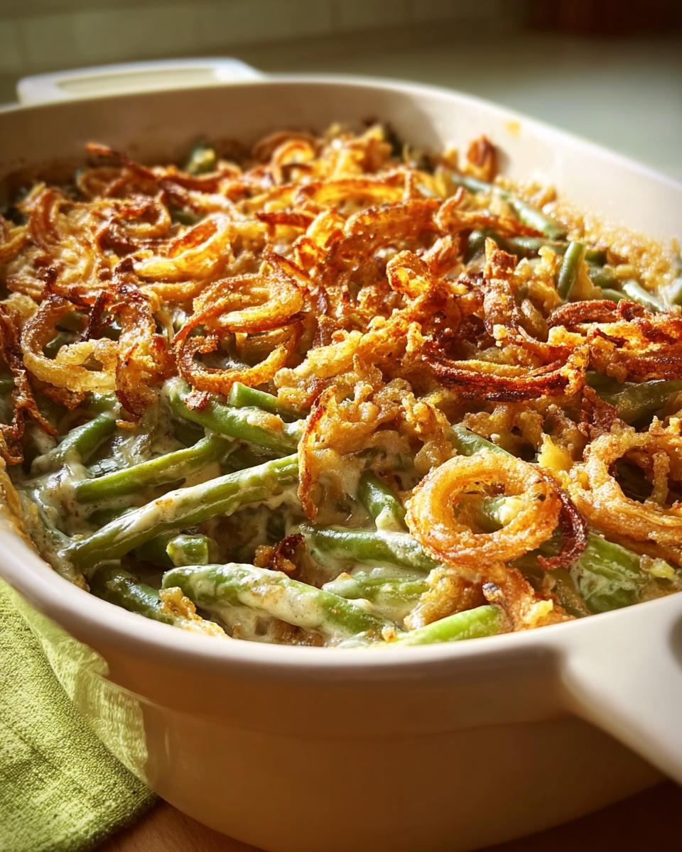 Close-up of a creamy casserole dish filled with One-Pan Thanksgiving Green Beans topped with golden fried onions.