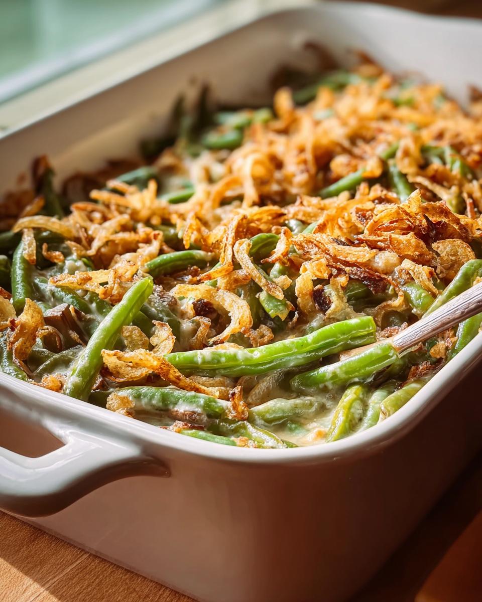 Close-up of a white baking dish filled with creamy One-Pan Thanksgiving Green Beans topped with crispy fried onions.