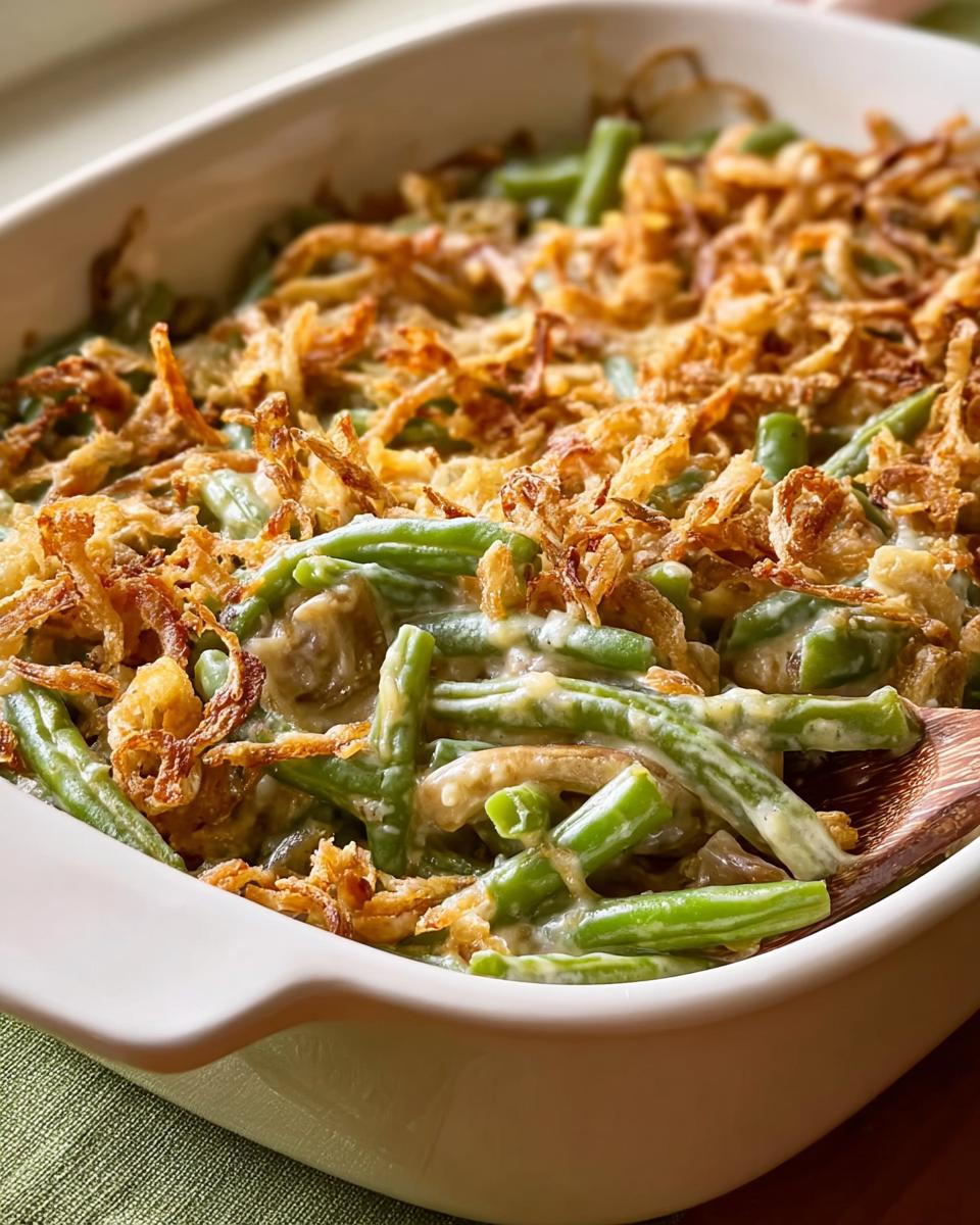 Close-up of a white baking dish filled with creamy One-Pan Thanksgiving Green Beans topped with crispy fried onions.