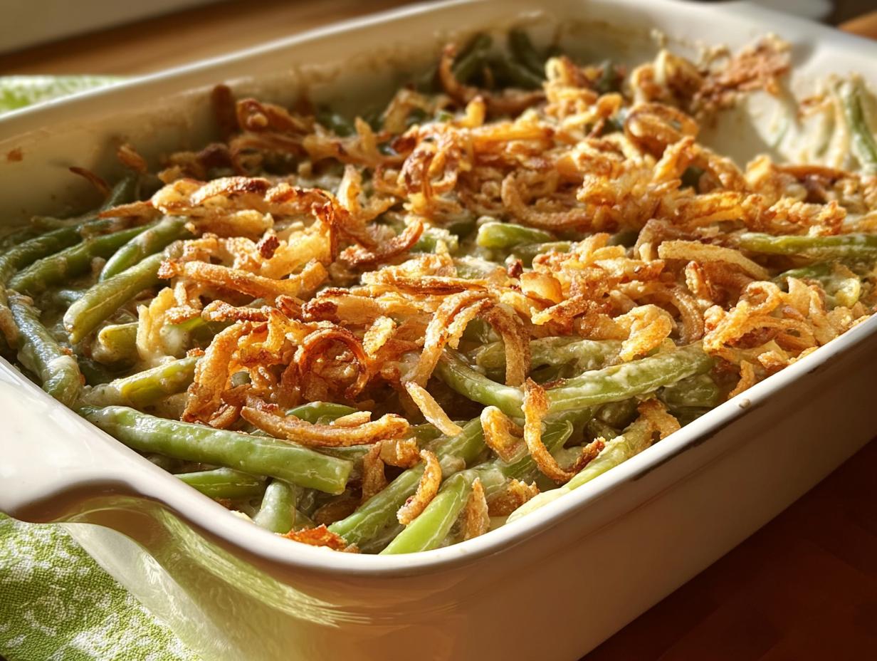 A close-up of a white baking dish filled with creamy One-Pan Thanksgiving Green Beans topped with crispy fried onions.