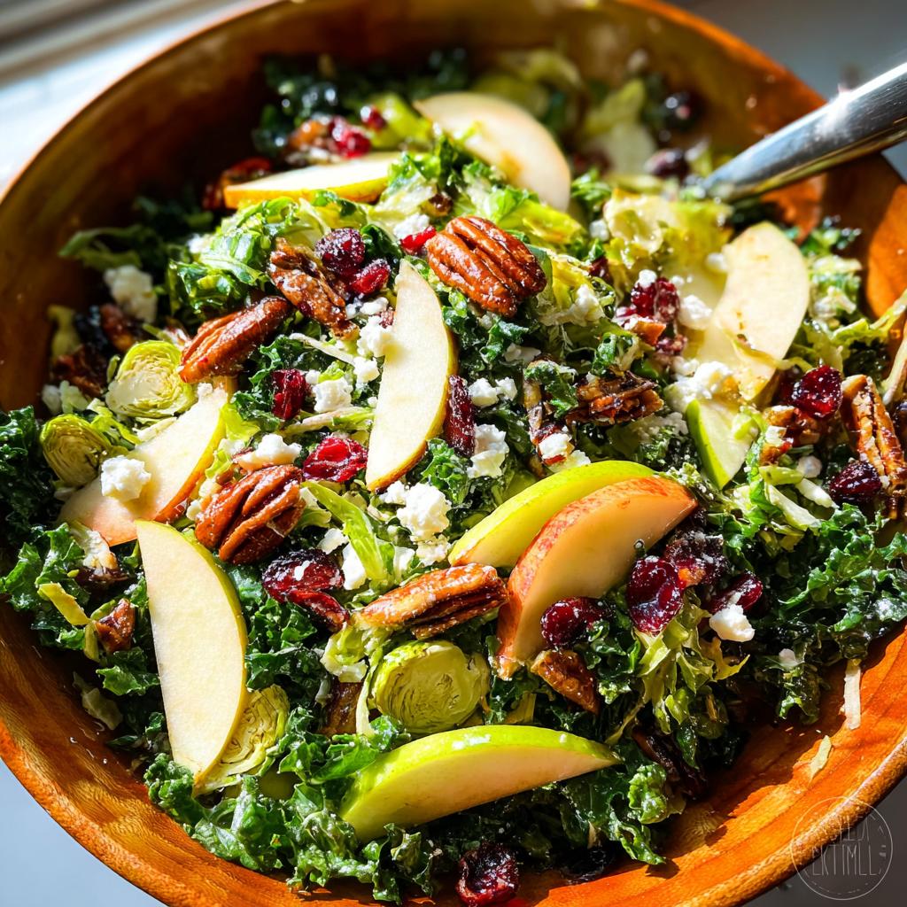 Close-up of a hearty one-pan Thanksgiving salad with kale, apples, pecans, cranberries, and feta cheese.