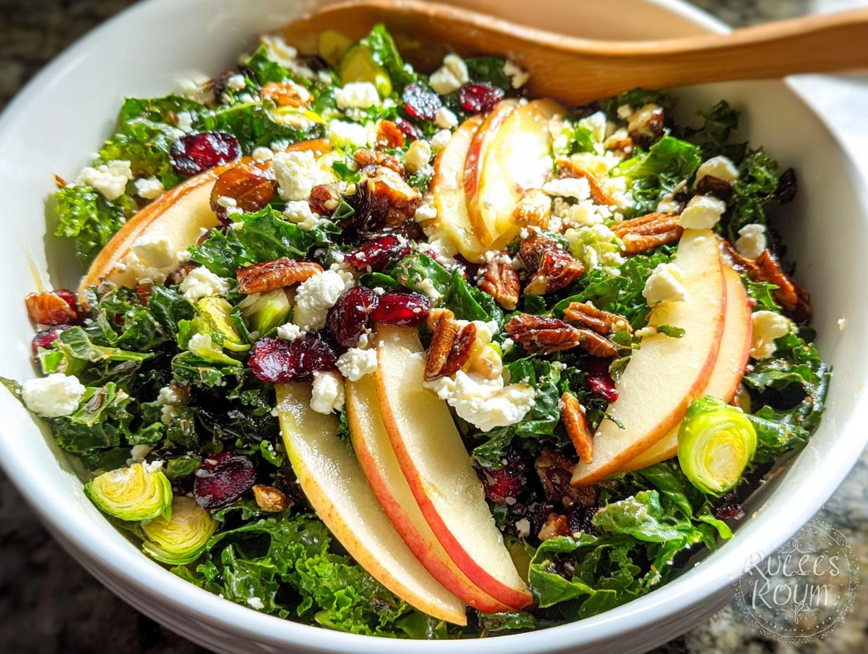 A vibrant One-Pan Thanksgiving Salad featuring kale, apple slices, cranberries, pecans, and feta cheese in a white bowl.