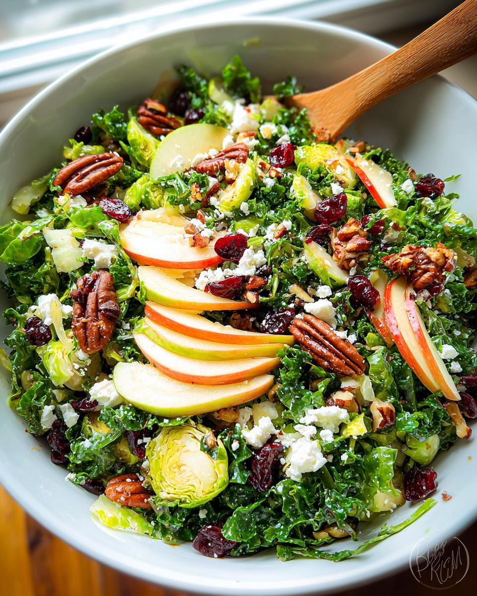 A vibrant One-Pan Thanksgiving Salad featuring kale, Brussels sprouts, apples, cranberries, pecans, and feta cheese.