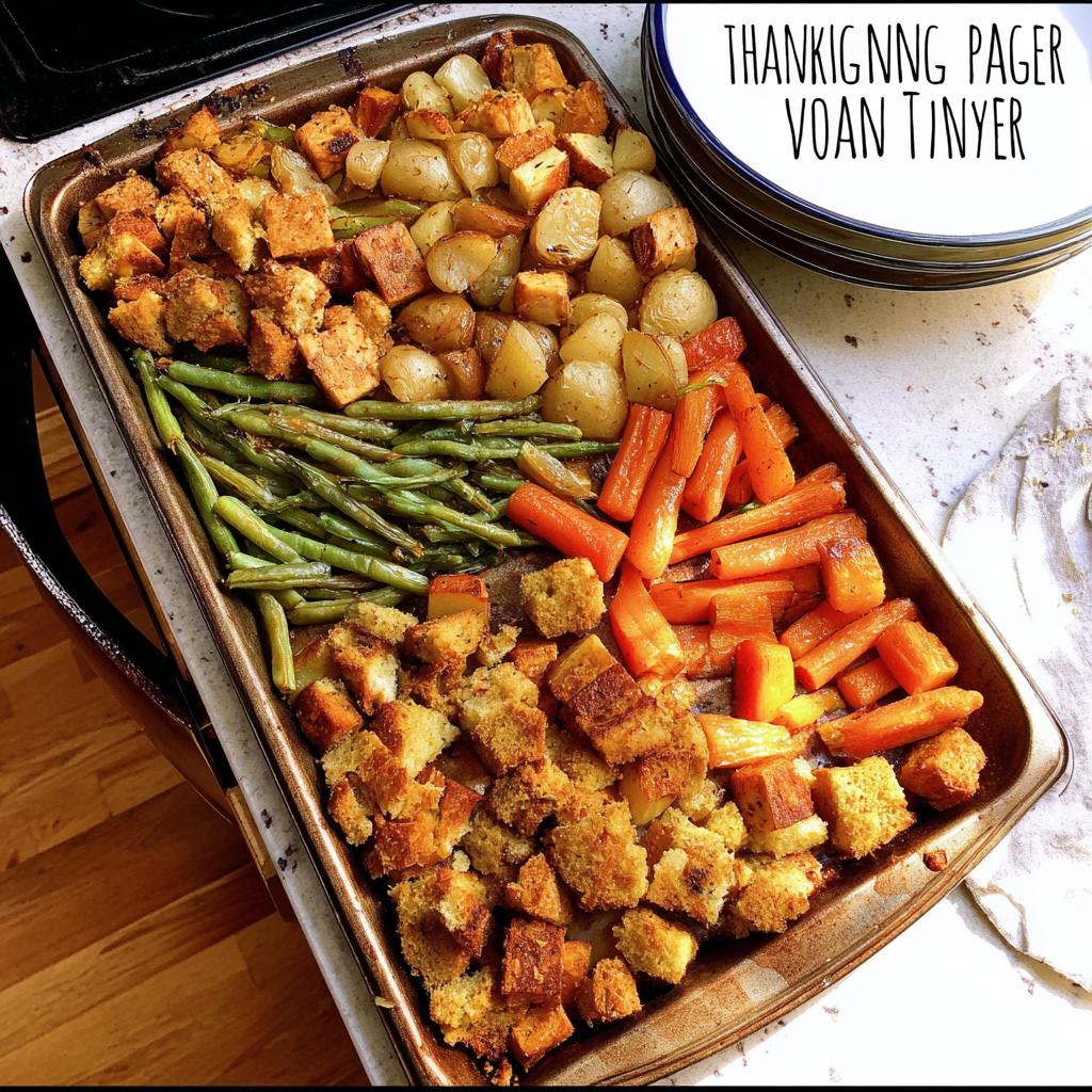 A golden-brown one-pan Thanksgiving veggie tray featuring roasted carrots, green beans, potatoes, and croutons.