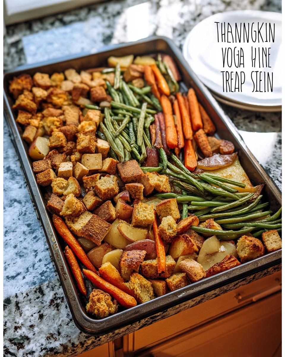 A close-up of a one-pan Thanksgiving veggie tray filled with roasted potatoes, carrots, green beans, and croutons.