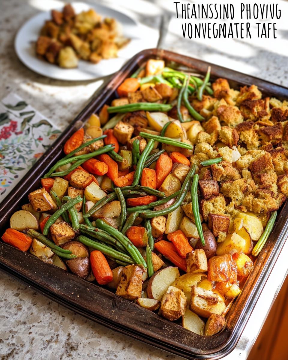 A close-up of a One-Pan Thanksgiving Veggie Tray filled with roasted potatoes, carrots, green beans, and stuffing.