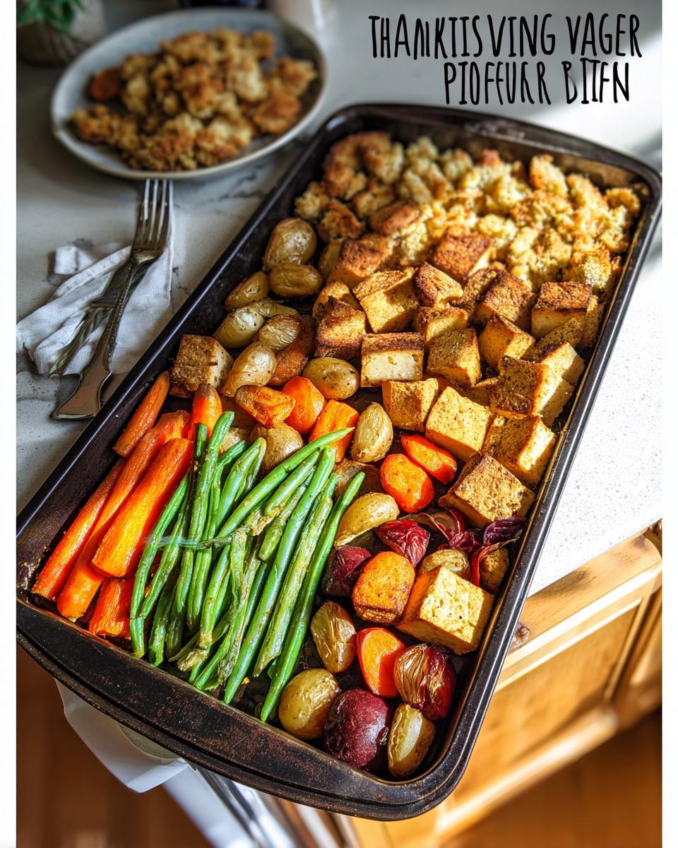 A colorful one-pan Thanksgiving veggie tray featuring roasted carrots, green beans, potatoes, onions, and cubed tofu.